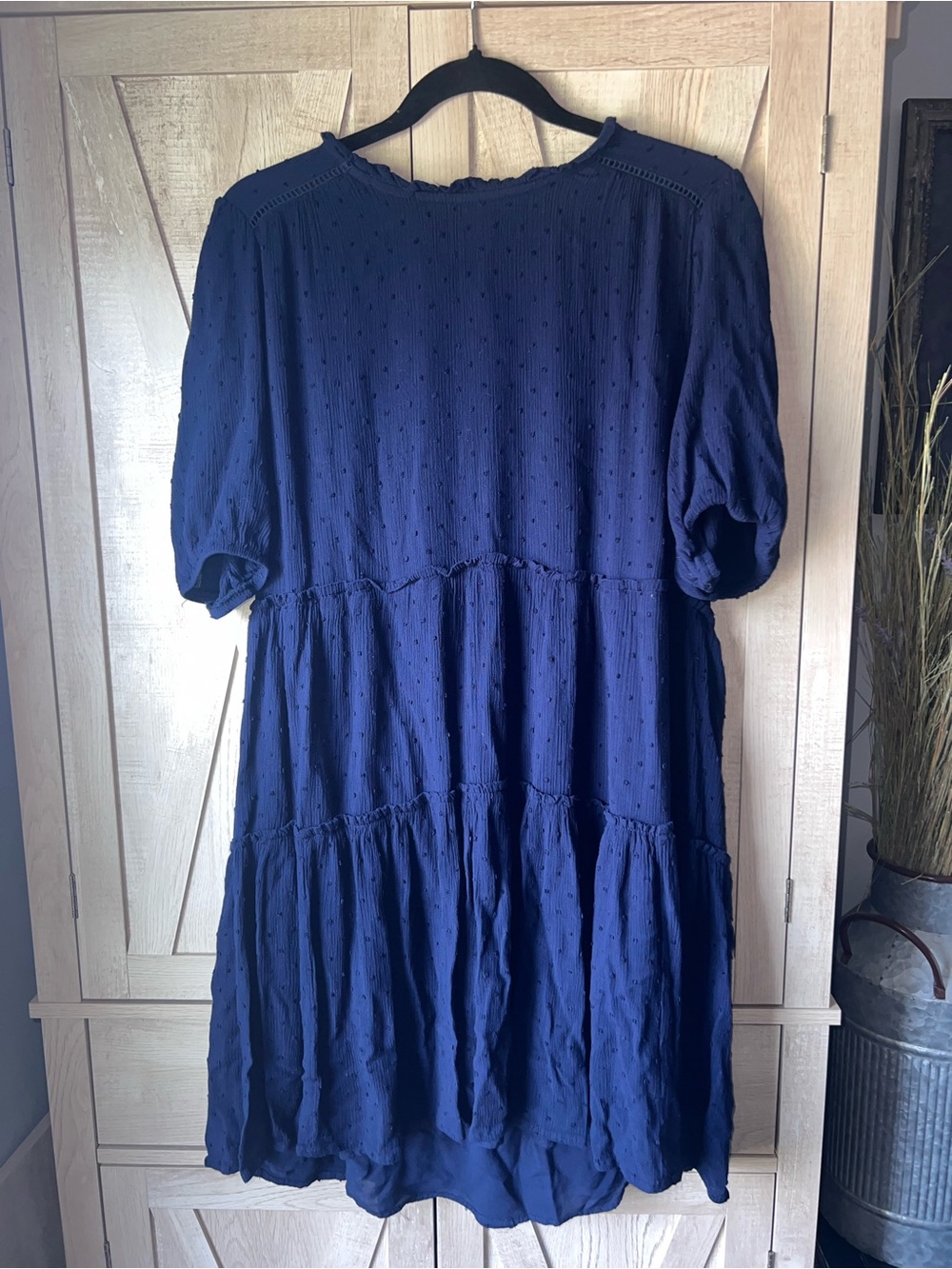 Westbound Navy swiss dot Tiered Midi Dress with Puff Sleeves